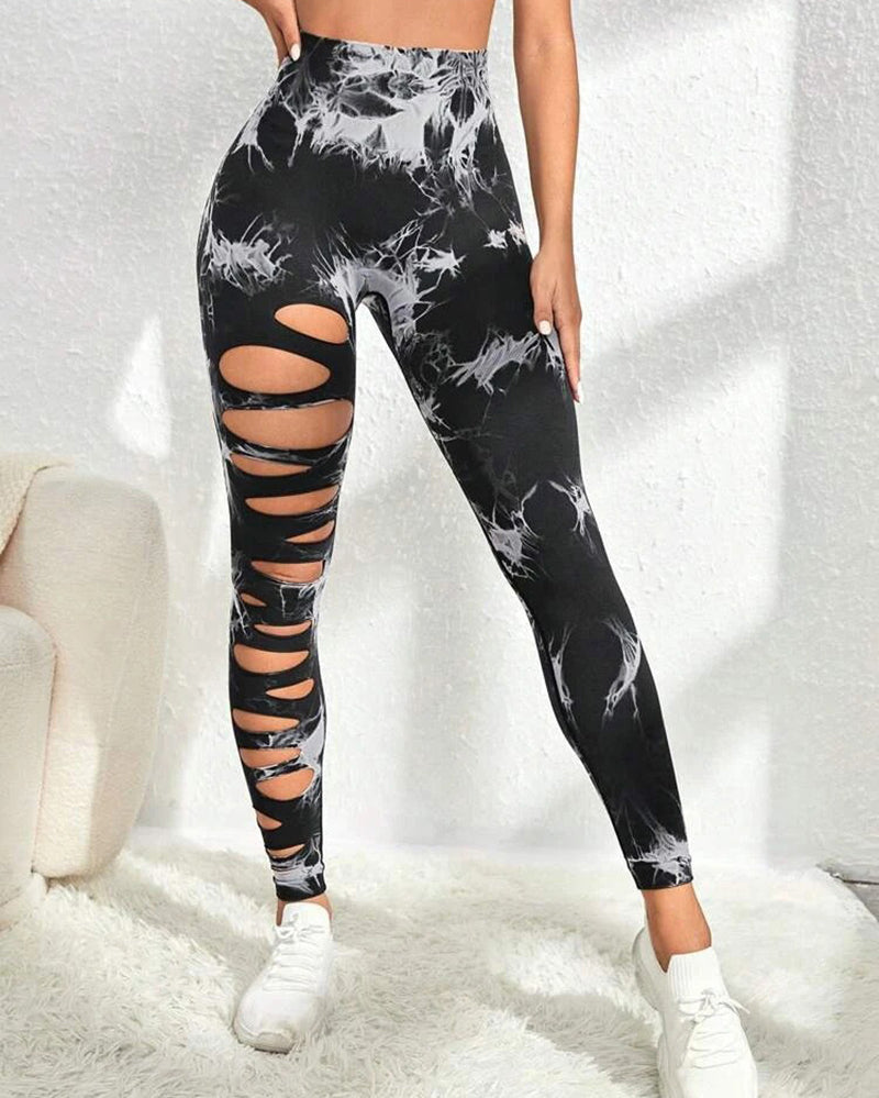 Women Hollow Out Tie Dye Sports Pants Yoga Leggings S-L