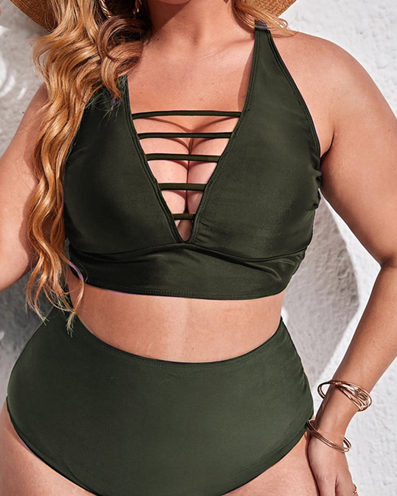 V-neck High Waist Bikini Women Plus Size Swimwear Green Black L-4XL