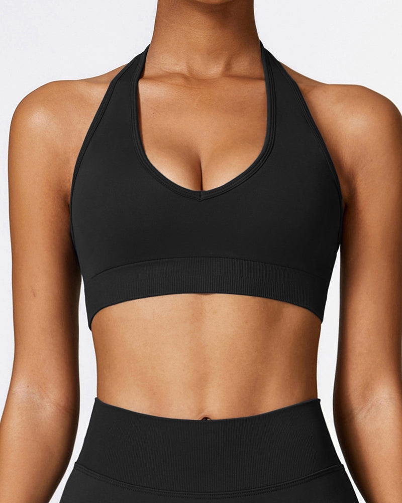 Woman Seamless V Halter Neck Knit High Elastic Sports Bra S-L