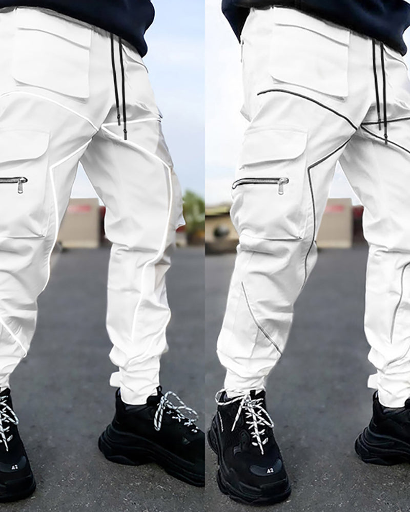 Summer Men Casual Steet Style Refletive Line Pocket Pants M-3XL Joggers