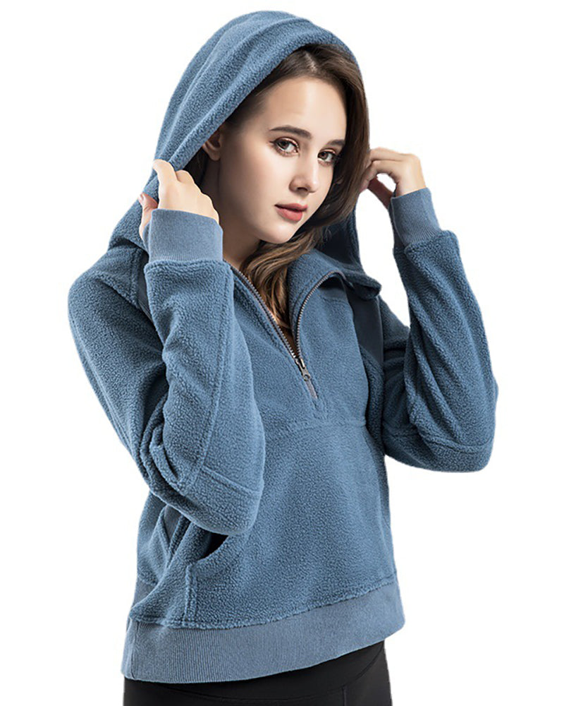 Winter Long Sleeve Sports Running Zipper Hoodies Pocket Yoga Tops Purple Black Blue S-2XL