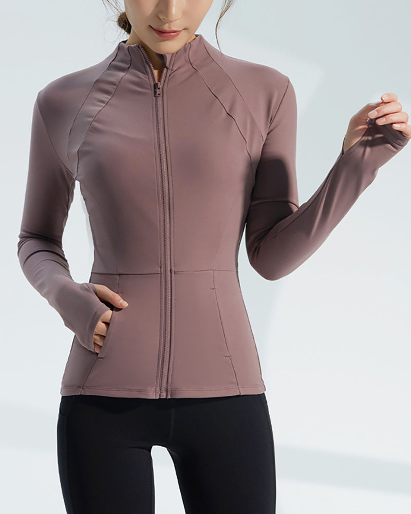 Autumn Slim Fit Collar Workout Sport Long Sleeve Women Zipper Nylon Fitness Jacket With Thumb Holes Quick drying Sport Yoga Tops Coat