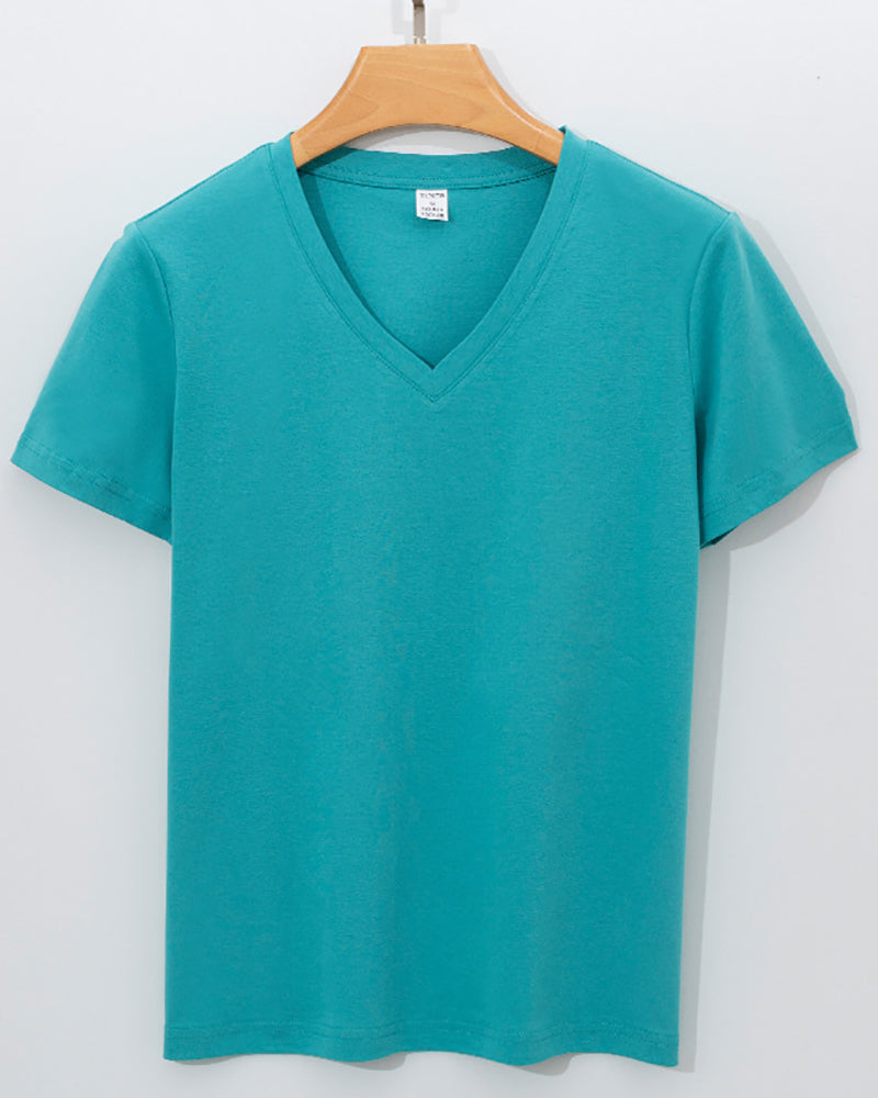 Women V-Neck 170g Cotton Summer Solid Color Basic T-shirt S-3XL