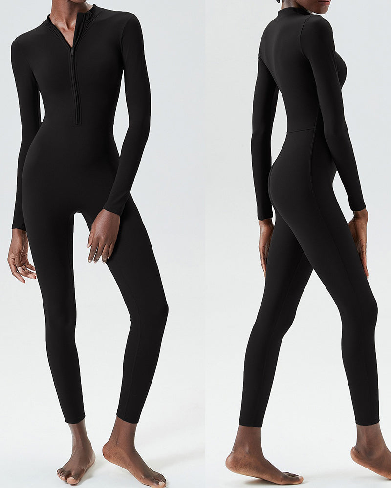 Long Sleeve Zipper Neck Slim High Elastic Fitness Jumpsuit S-XL