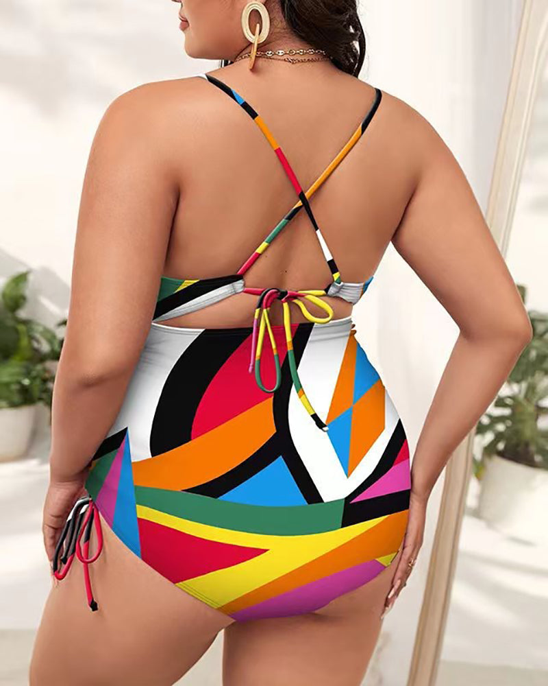 Women Florals Printing Hollow Out Backless High Waist Plus Size Swimsuit L-4XL