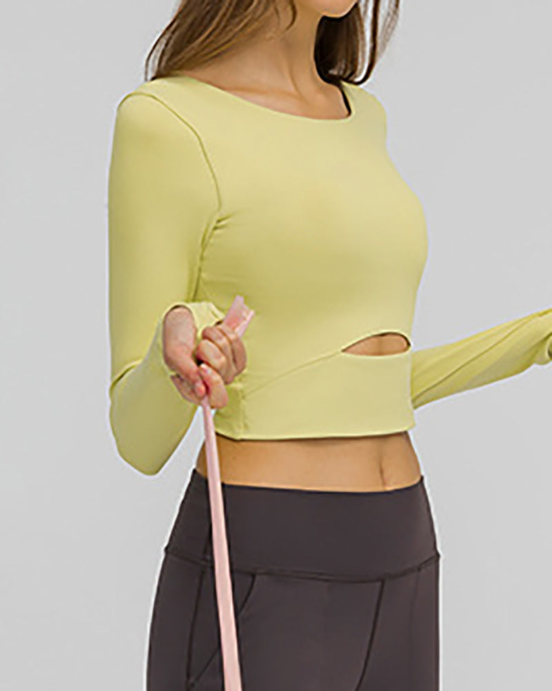 Autumn Women O-neck Solid Color Long Sleeve Running Crop Tpp Yoga Tops 4-12