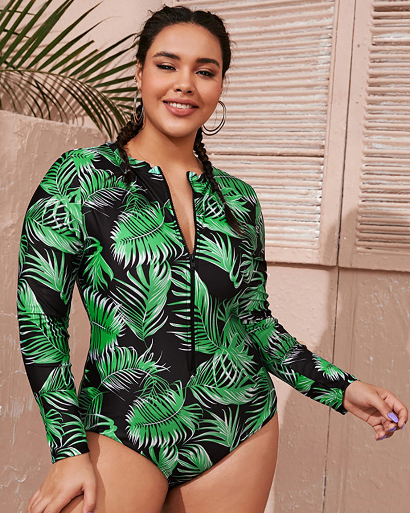 Floral Printed Long Sleeve Plus Size Swimwear L-4XL