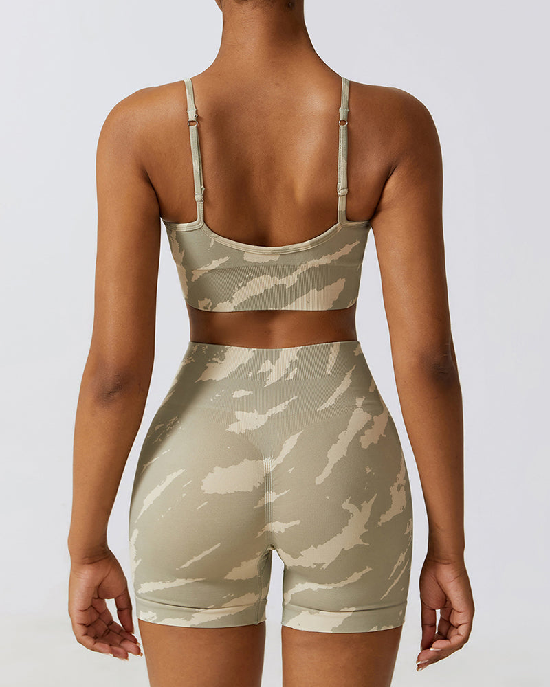 Camo Printing Seamless Yoga Quick Dry High Waist Shorts Sets Running Fitness Yoga Two-piece Sets S-L