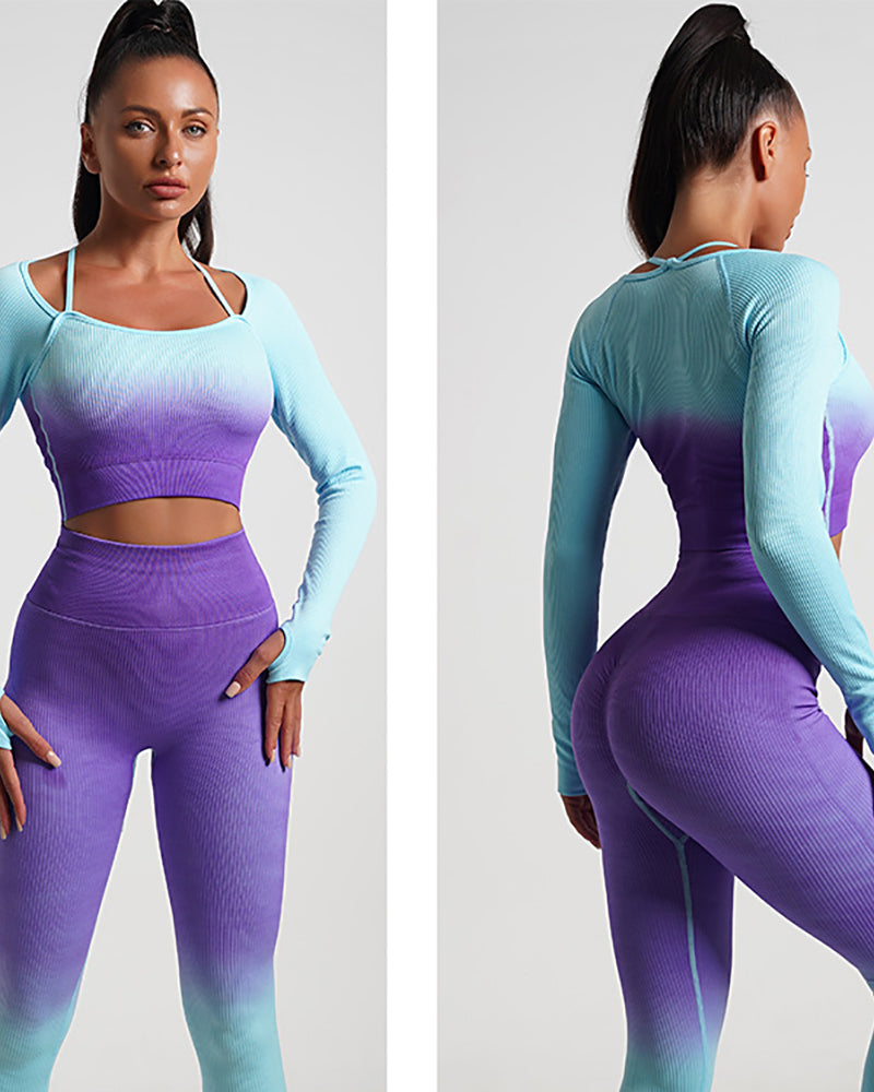 Women Long Sleeve Seamless Gradient Sports Yoga Two Piece Sets (With Pad) S-L Pants sets