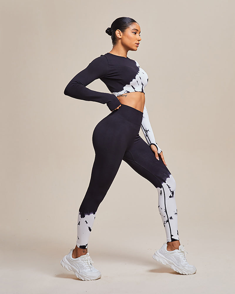 Seamless Long Sleeve Colorblock Sports Tops High Waist Pants Two Pieces Sets Black White S-L