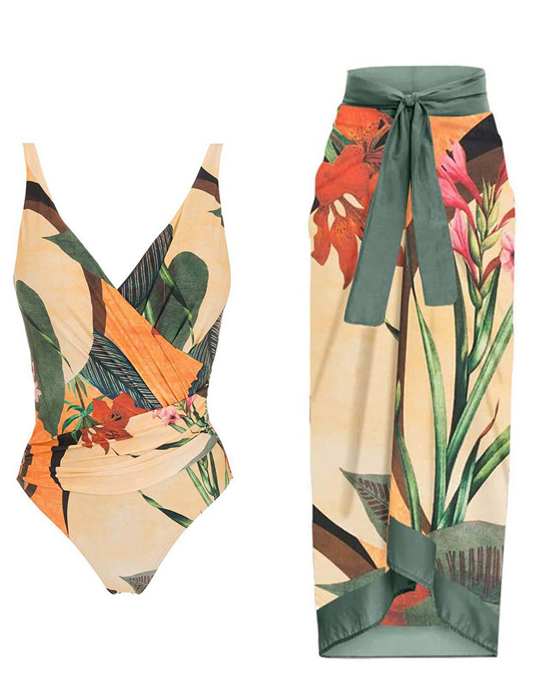 Boho Summer Sexy Printed V Neck Cover Up Two-piece Swimsuit S-XL