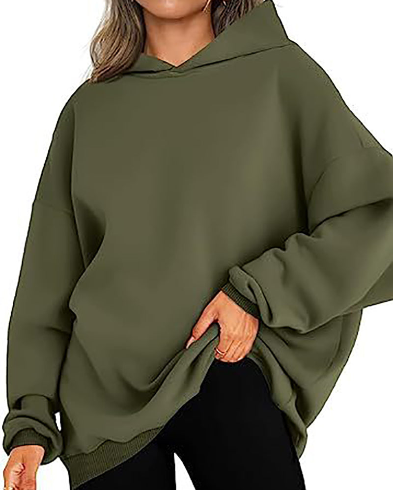 Women Long Sleeve Solid Color Hooded Loose Pullover Tops S-XL