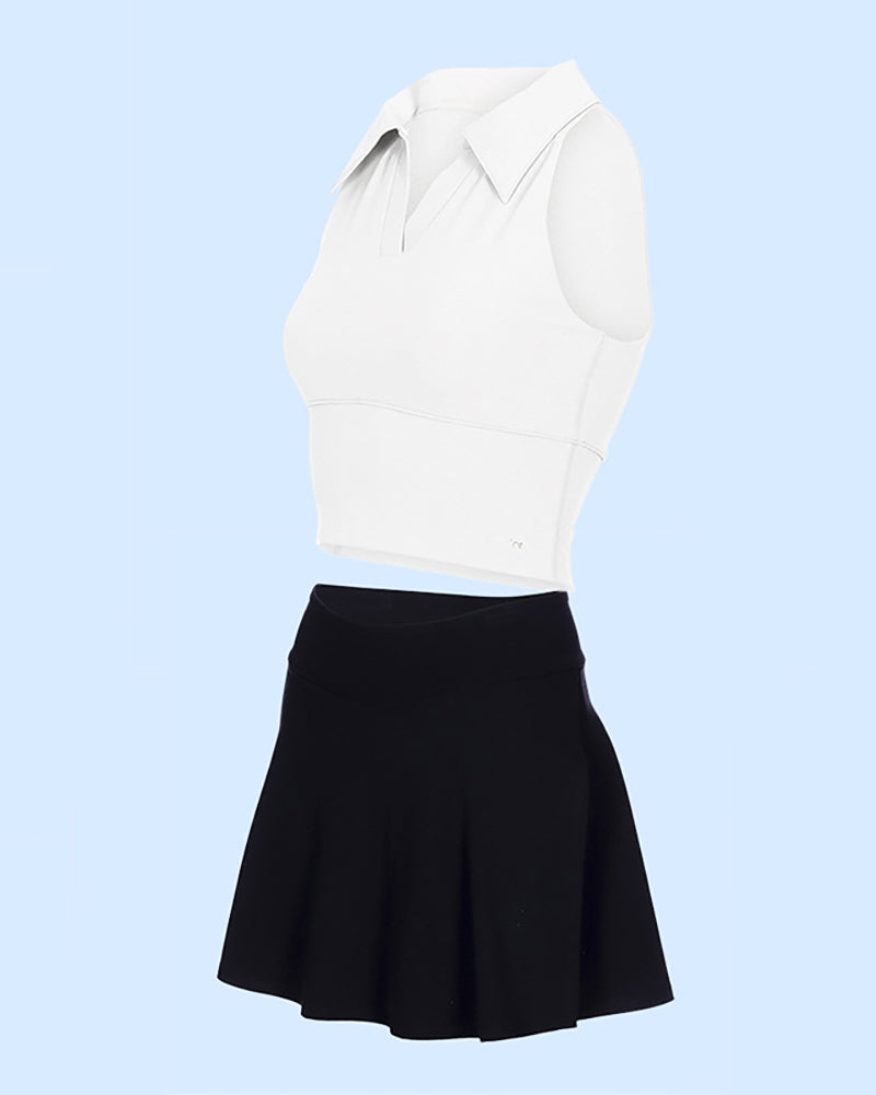 Polo Neck Tennis Vest High Waist Skirts Tennis Sets S-L