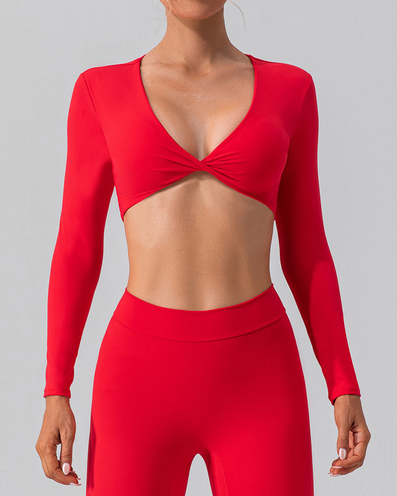 Women Long Sleeve V Neck Solid Color Crop Top Yoga Top S-XL