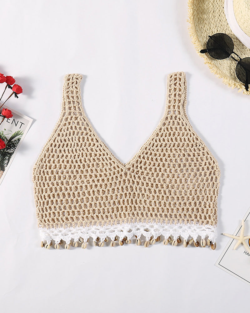 Women Beach Crochet Swimsuit Bra Tassel Sexy Knitted Crop Top Women Hollow out Elastic Camisoles Streetwear Tube Female Tops Vacation OM25979