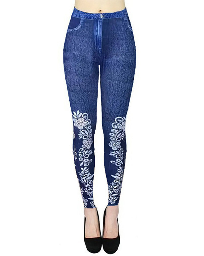 Wholesale Printed Fake Jean High Waist Sports Leggings Pants S-2XL