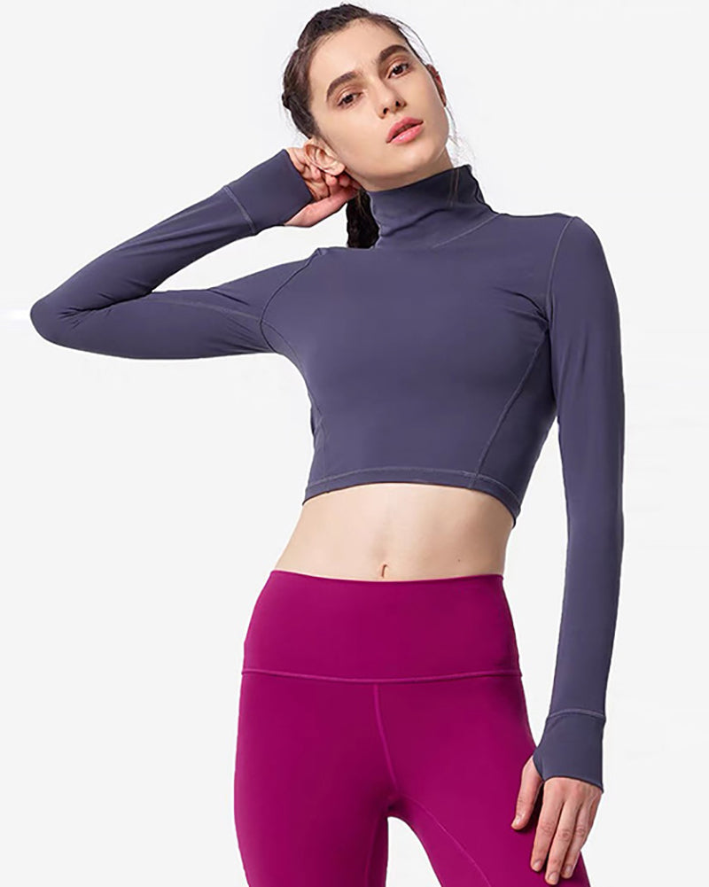 High Neck Long Sleeve Fashion Back Hole Sport Crop Top With Pad S-L