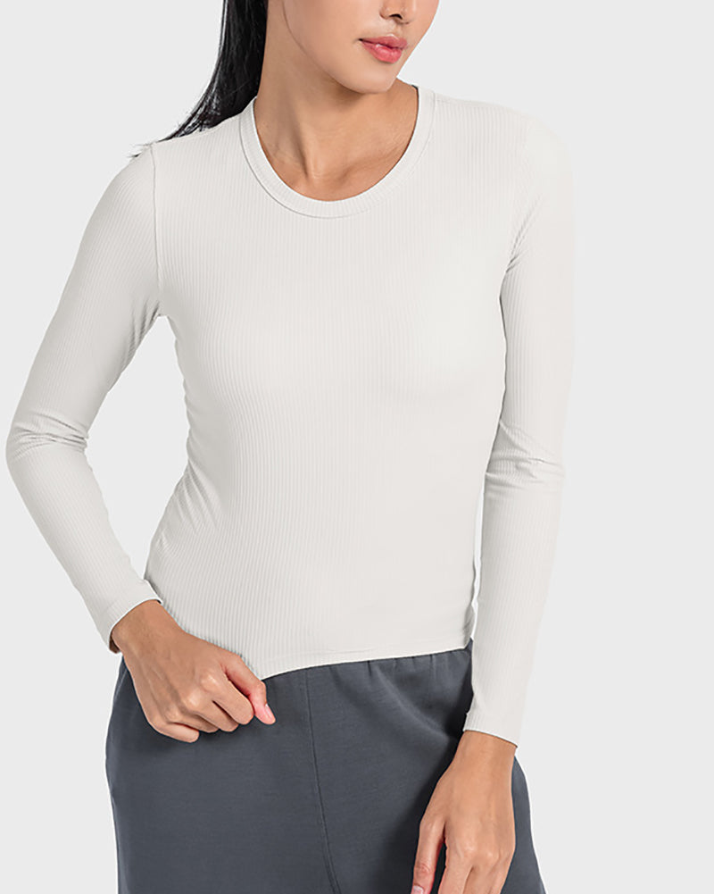 Long Sleeve Knit O Neck Ruched Waist Line Sports Top 4-12