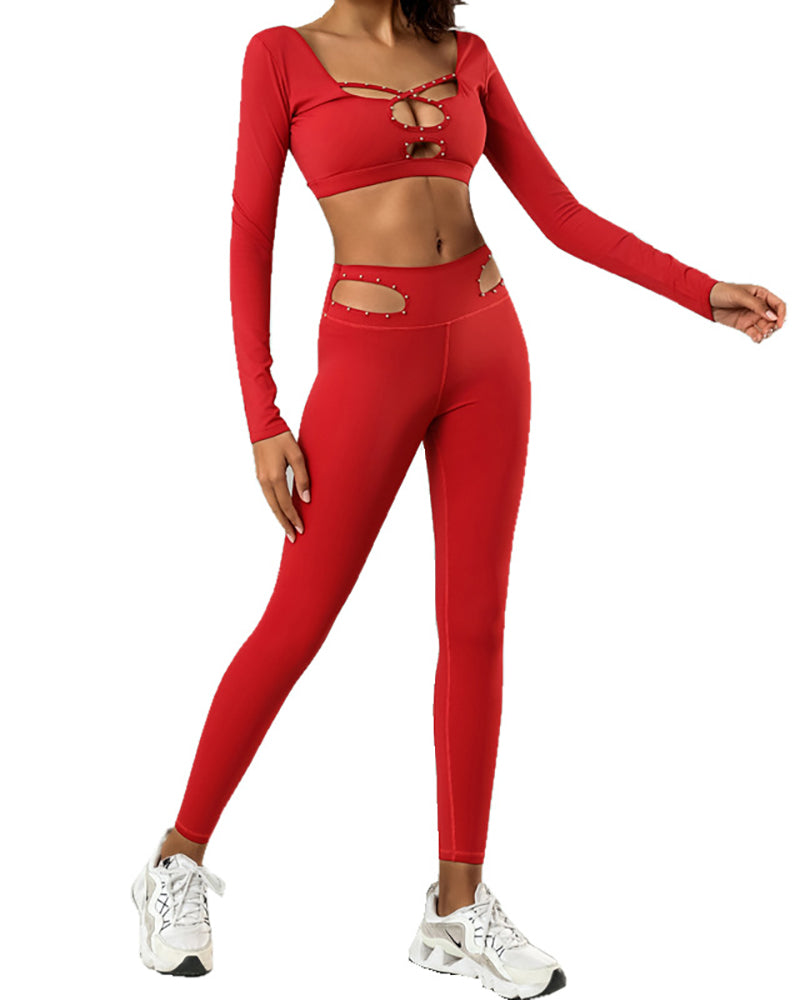 Women Long Sleeve Hollow Out Sexy Yoga Two-piece Set S-XL