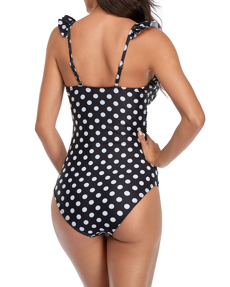 Flounce Jumpsuit And Sexy Polka Dot Triangle Bikini One-piece Swimsuit YY10177