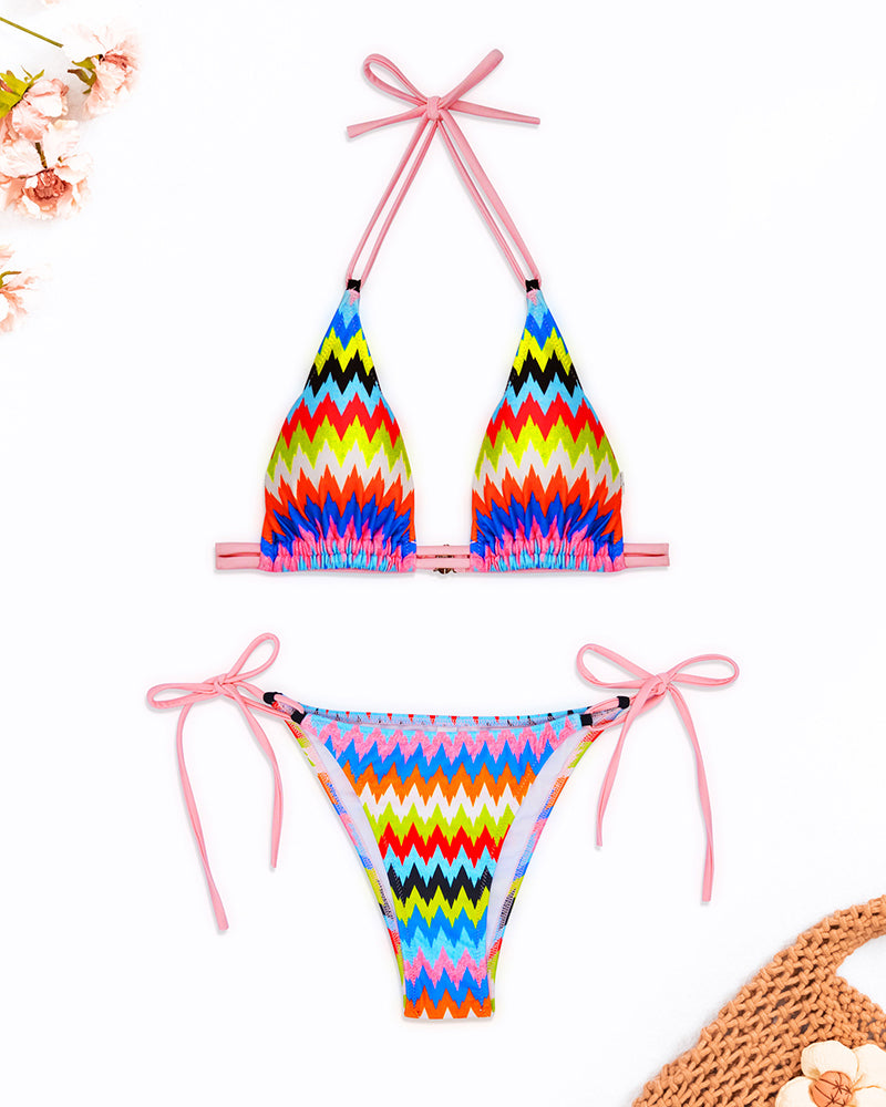 Rainbow Striped Halter Neck Tie Side String Sexy Women Bikinis Two-piece Swimsuit S-XL