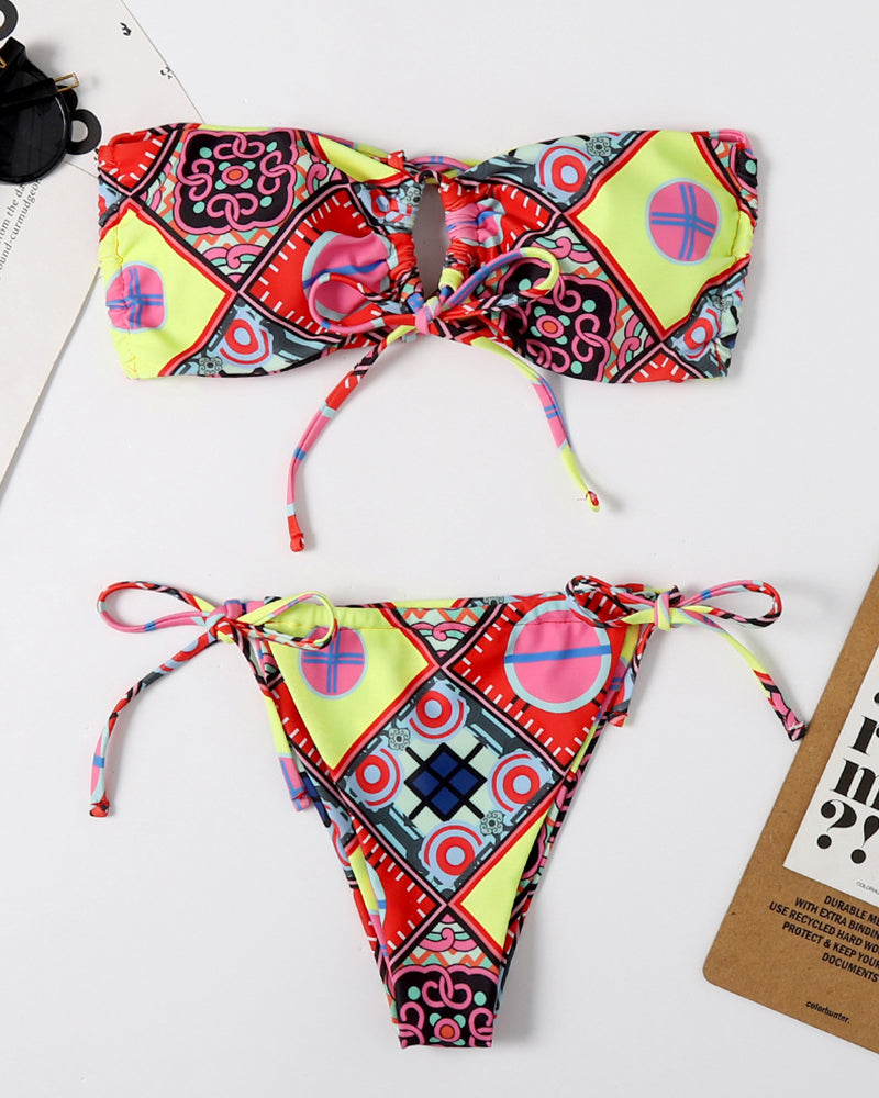 Sexy Women Pattern Print Tie Side String Two-piece Swimsuit Bikini Yellow Red Blue Green Light Yellow S-L YY10021