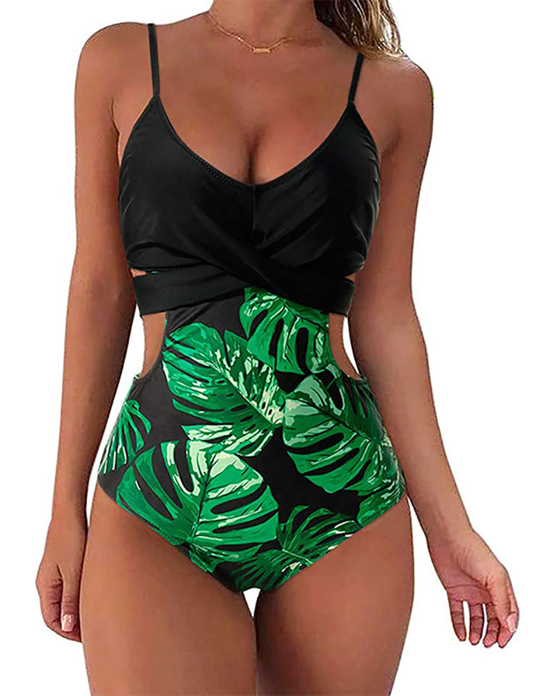 Halter Neck Hollow Out Criss Cross Women One-piece Swimsuit Red Green Black S-2XL