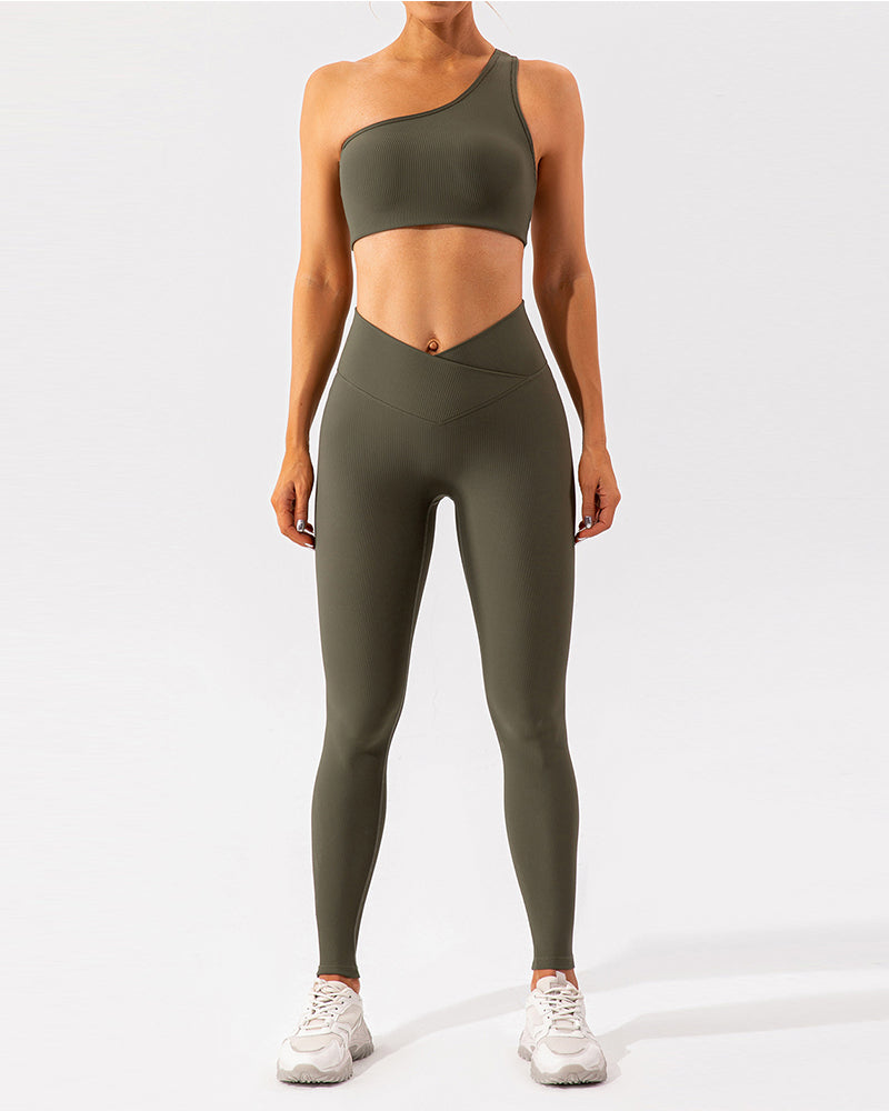 One Shoulder Breathable Quick Dry V Waist Legging Sets Yoga Two Pieces Sets (5 Colors) S-XL Pants sets