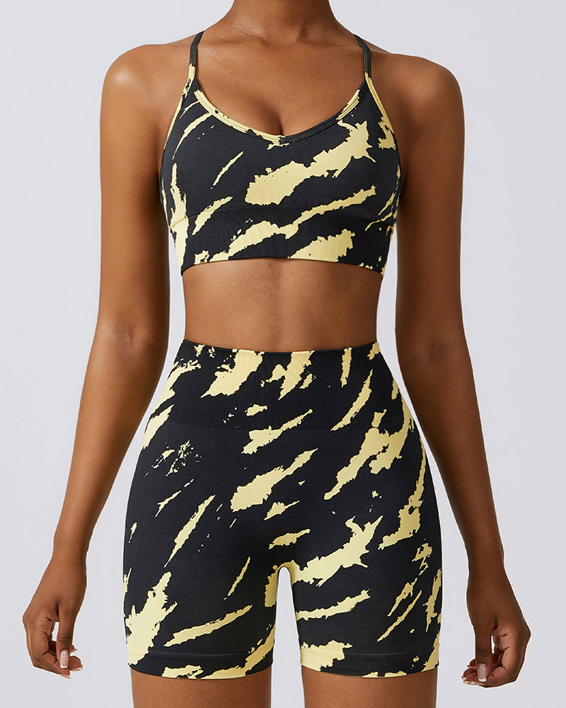 Camo Printing Seamless Yoga Quick Dry High Waist Shorts Sets Running Fitness Yoga Two-piece Sets S-L