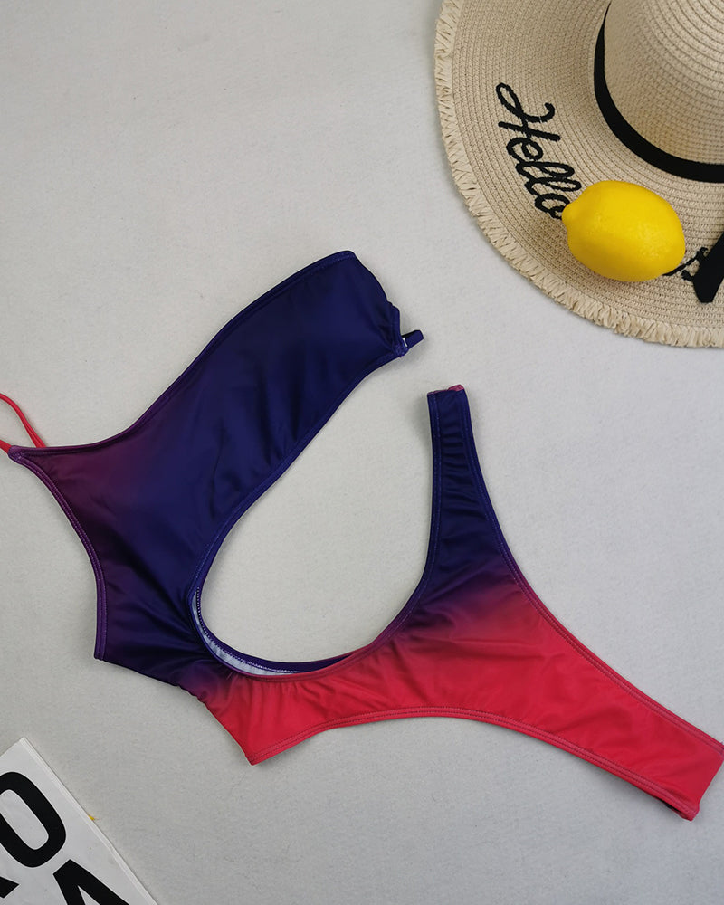 2022 Gradient Hollow Out One Shoulder High Cut Lady Plus Size One-piece Swimsuit Yellow Green Purple Blue S-4XL