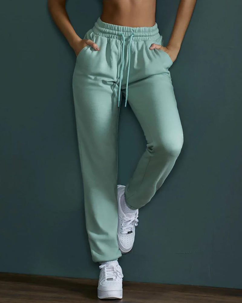 Women Solid Color High Waist Casual Sports Bottom Wide Joggers S-L