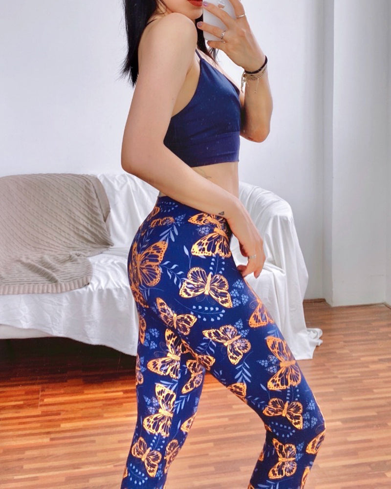 Fitness High Waist Quick Dry Printed Butterfly Rose Striped Colorblock Sports Pants Leggings S-L