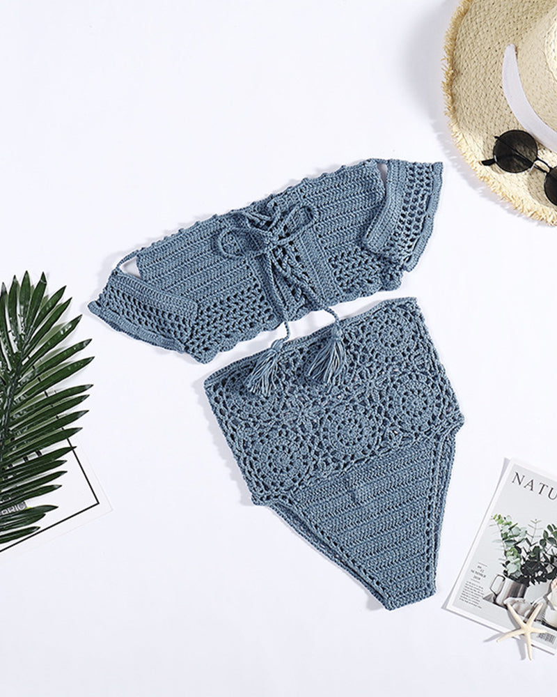 Swimsuit Women Crochet Hand Made Bikini Push Up High Waist Bathing Suit Beachwear Swimwear Biquini Beach Bikini OM25991