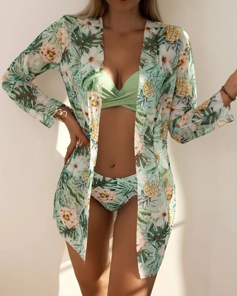 Florals Print Sexy High Waist Cover Up Three-piece Swimsuit Green Pink Blue Orange S-XL