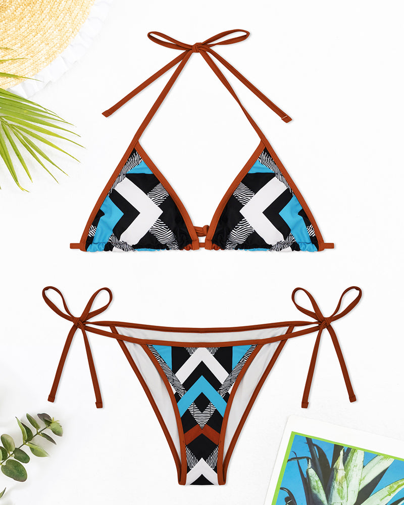 Women Halter Neck Striped Tie Side String Two-piece Swimsuit S-XL