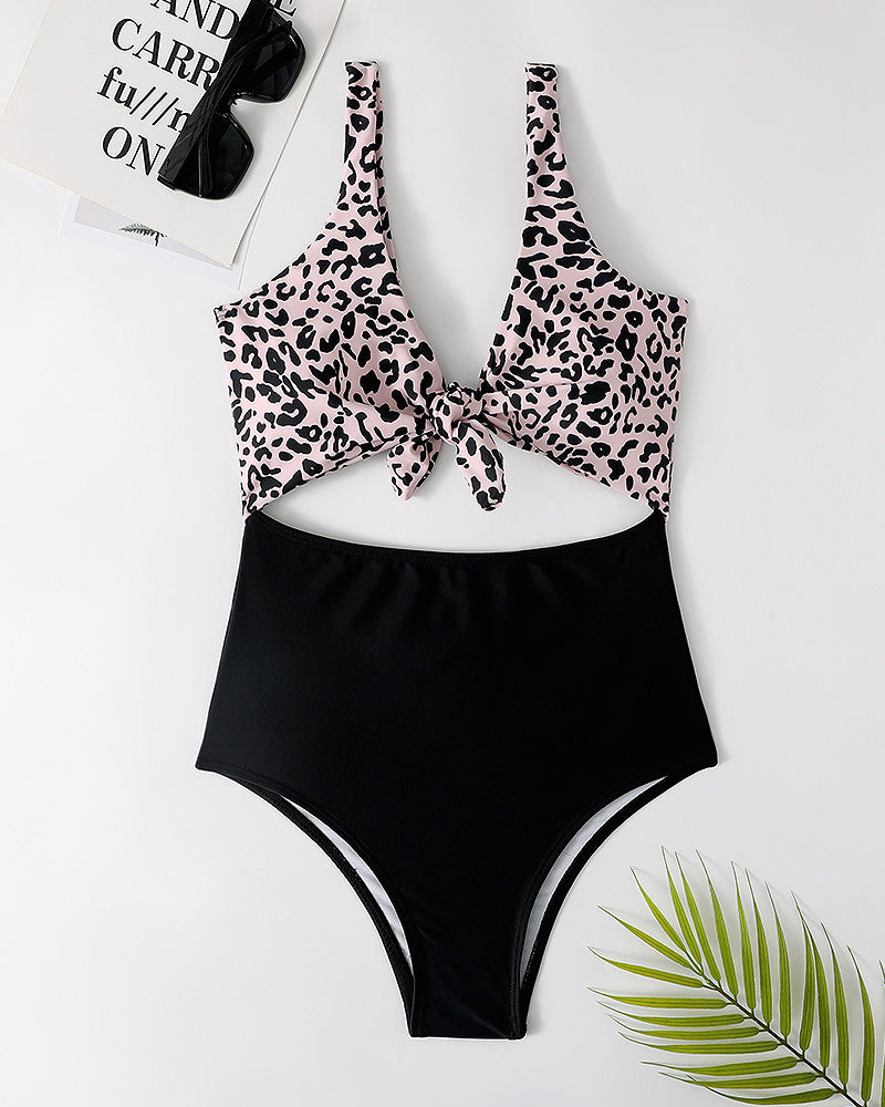 Women Leopard Black V-neck High Cut High Waist Hollow Out One-piece Swimsuit Beige Pink Yellow S-XL