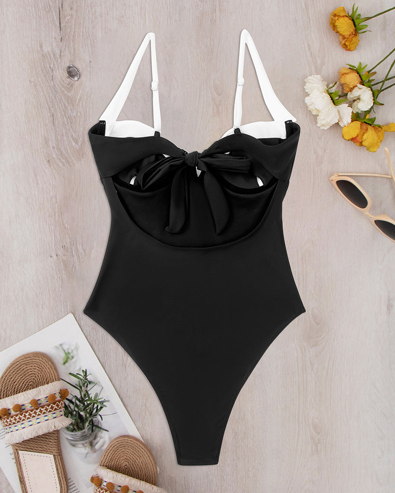 Colorblock Square Neck High Waist Women One-piece Swimsuit Black S-XL