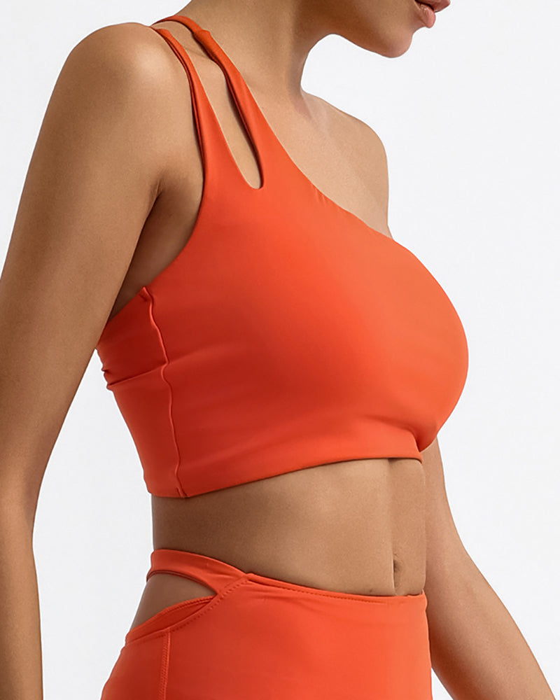 Women One Shoulder Back Criss Cross Quick-Drying Sports Bra Orange Khaki Black White S-L