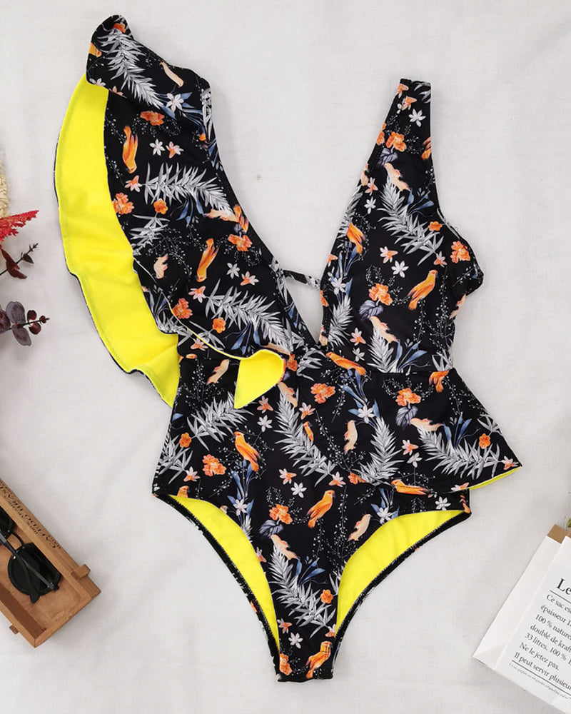 Sexy Swimwear Flounces Printed One-piece Swimsuit