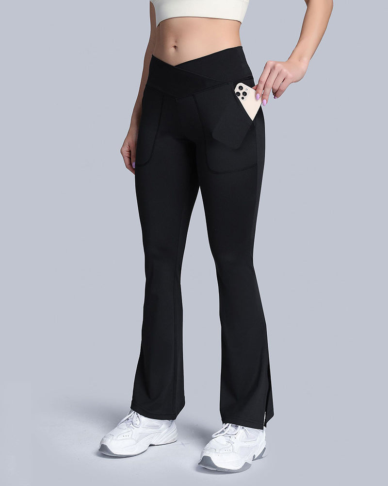 Ladies Cross Waist Wide Leg Pants Navel Nude Pockets High Waist Fitness Sports Yoga Pants S-XL