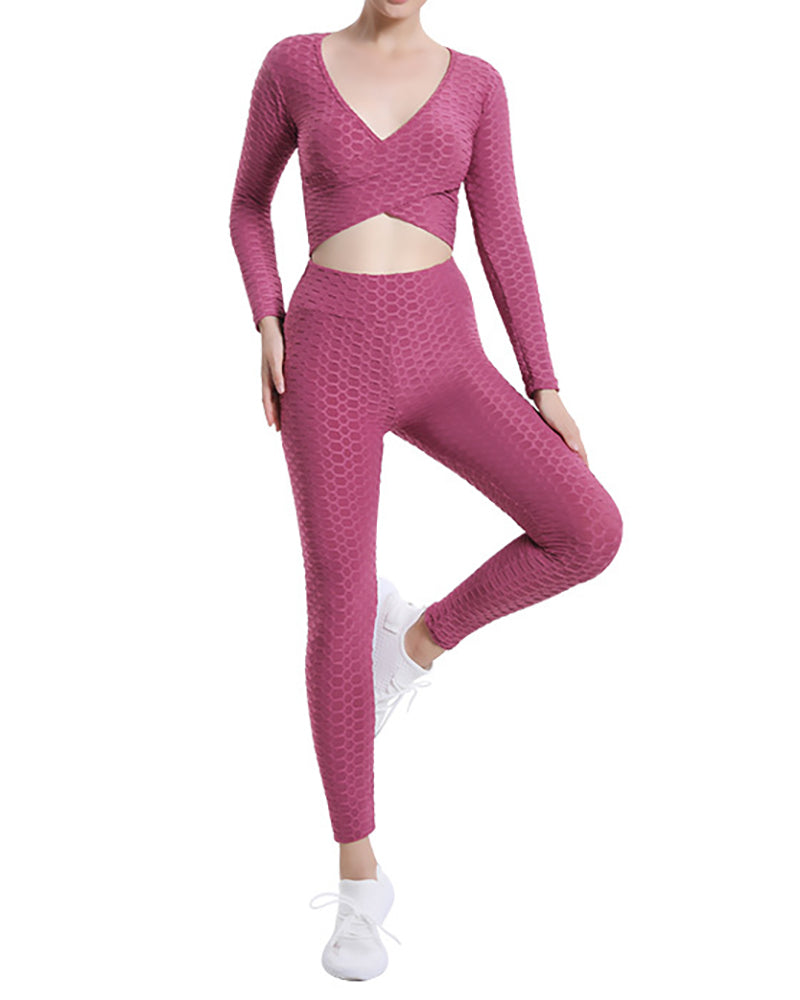 Jacquard Bubble Sexy Cross Long Sleeve Top High Waist Fitness Pants Yoga Suit Set Solid Color S-XXL Pants Sets