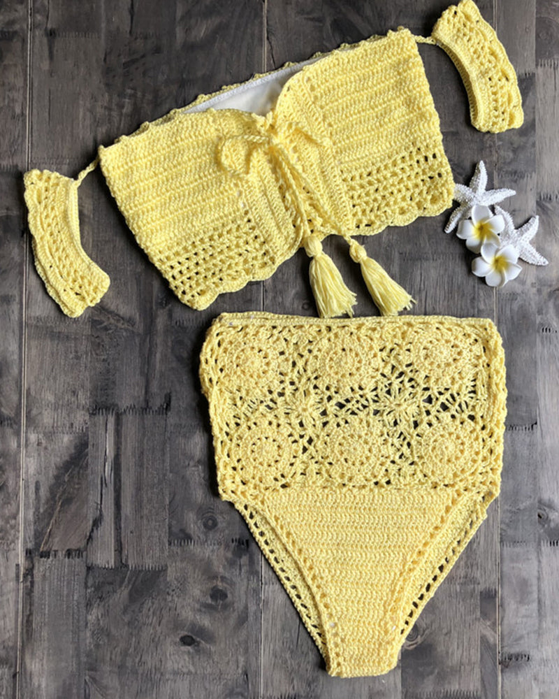 Crochet High Leg Bandeau Bikini Set Swimwear Female Two Pieces Swimsuit High Waist Bikini Women Bathing Suit Biquini 2019 New OM25940
