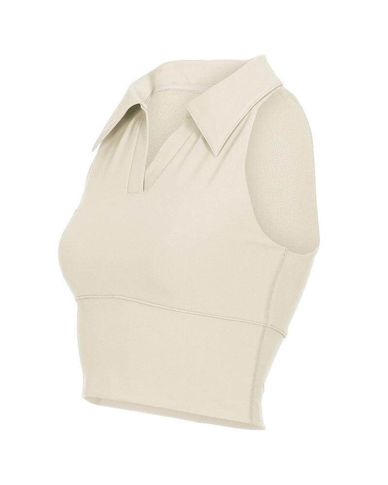 Women Breathable High Elastic Polo Neck Tennis Vest With Pad White Blue Black Beige S-L