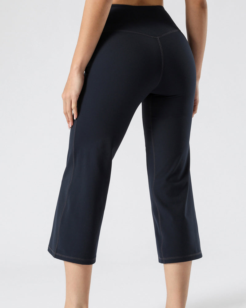 Summer New High Waist Pocket Wide Leg Yoga Cropped Straight Pants Solid Color S-XL