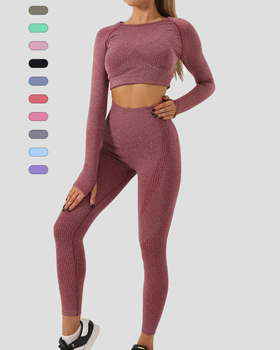 Seamless Three Piece Bra Long Sleeve Top Trousers Suit Fitness Yoga Wear Solid Color S-L