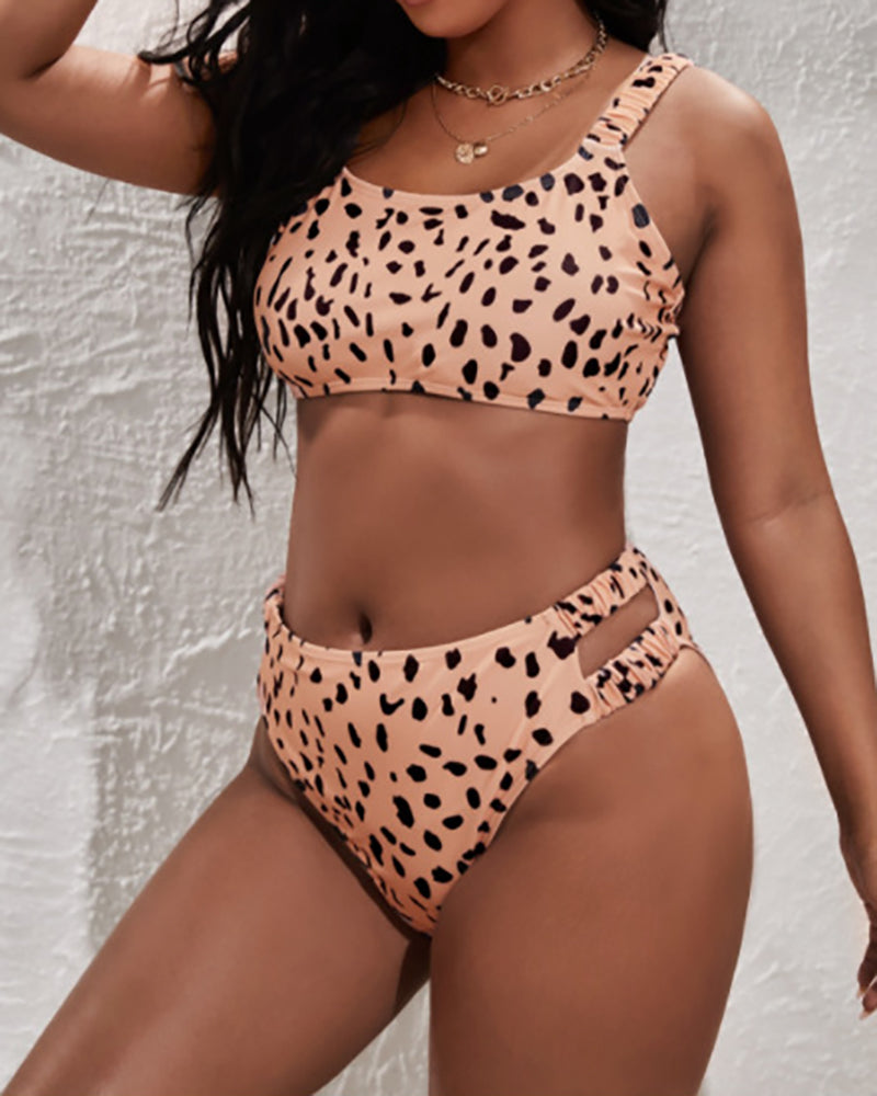 Newest Women Leopard O-neck High Waist Two-piece Plus Size Swimwear XL-4XL