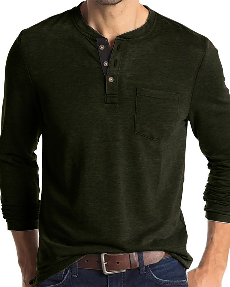 Mens Long Sleeve Button Neck Pocket Solid Color Basic Autumn T-shirt S-2XL