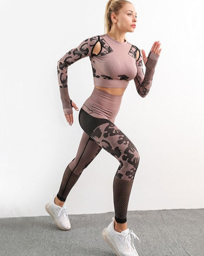 Autumn Seamless Camo Print Sports Yoga Set Sheer Mesh Patchwork Gym Fitness Long Sleeve Leggings Tracksuit Training Clothing
