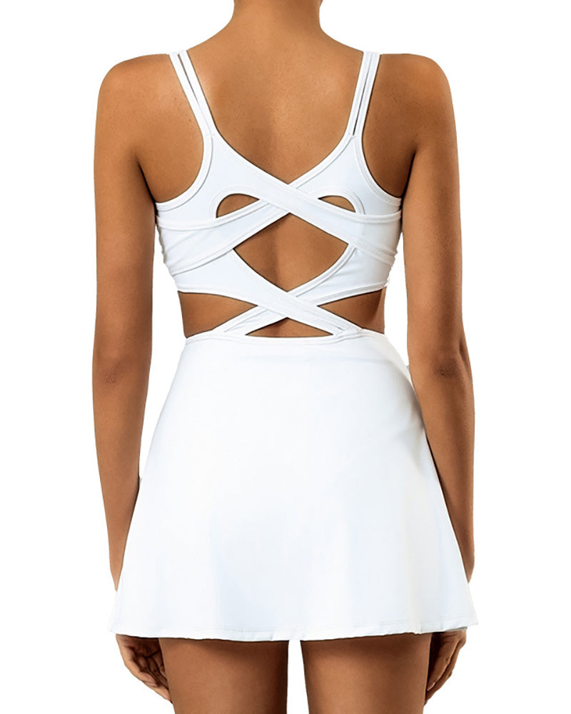 Women Sports Tennis Hollow Put Criss Cross Back Lined Tennis Dress Skirt S-L