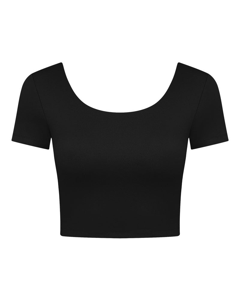 Women Back Ruched O-neck Short Sleeve Crop Top Sports T-shirt(with bra Pad) 4-12